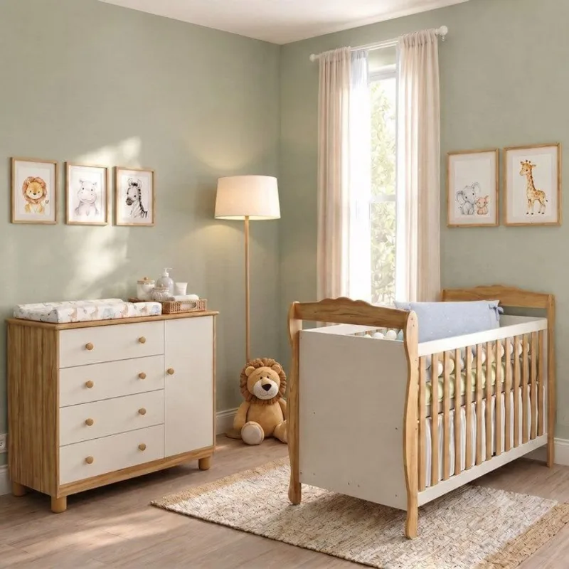 Quarto de Bebê Berço 3 em 1 e Cômoda 4 Gavetas 100% MDF Nina Espresso Móveis Bege/Off White/Amê Off White/Amêndoa