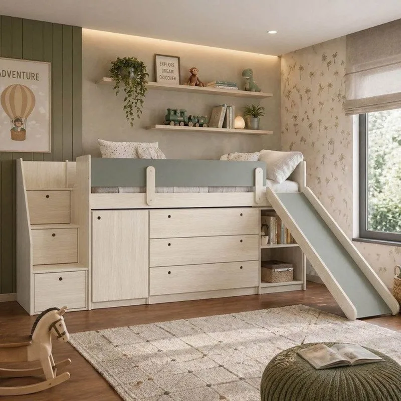 Cama Alta com Armários, Cômoda e Escorregador Artsy Casatema Natural/Verde Amadeirado/Verde