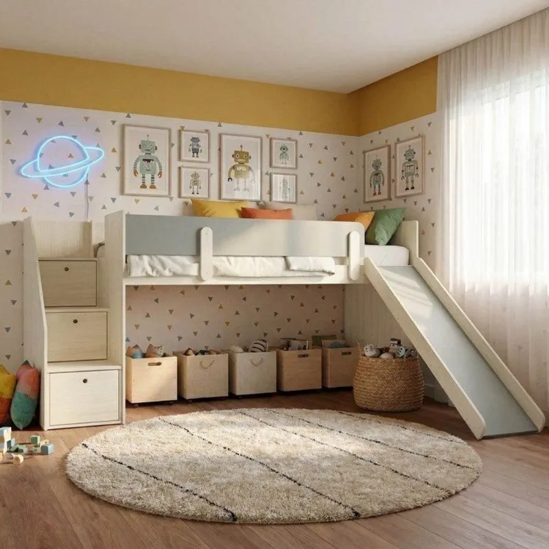 Cama Alta com Escada Lateral e Escorregador Artsy Casatema Natural/Verde Amadeirado/Branco