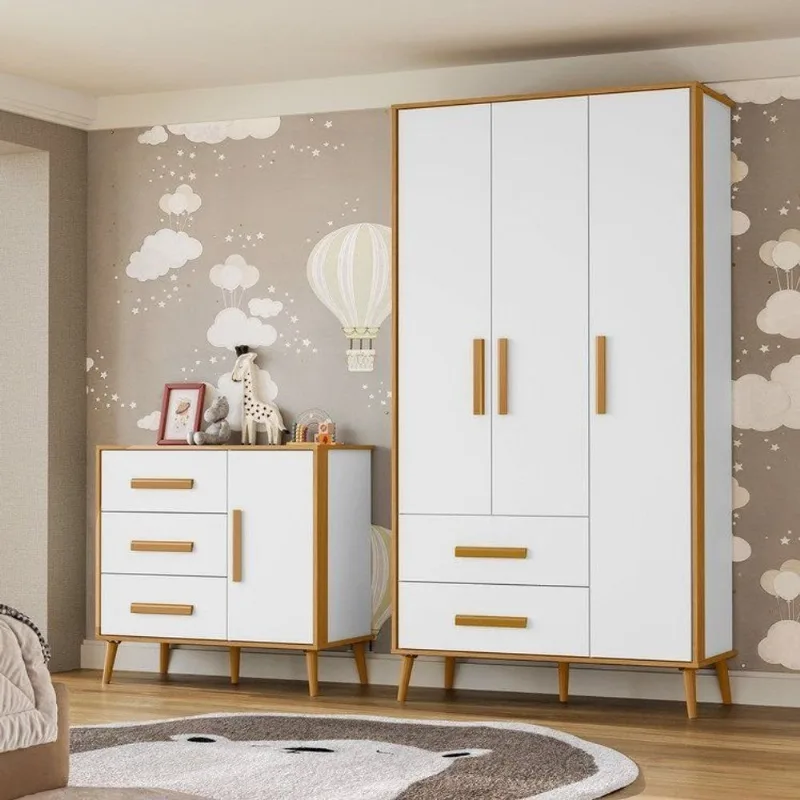 Quarto de Bebê Infantil Completo 1 Guarda Roupa 3 Portas e 1 Cômoda Retrô 100% MDF Magic Baby Carvalho Americano/Branco TX