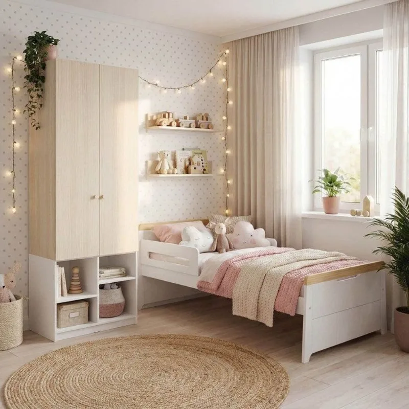 Quarto Infantil Cama com Grades Petit e Guarda Roupa Curió 2 Portas Casatema Branco Branco/Natural