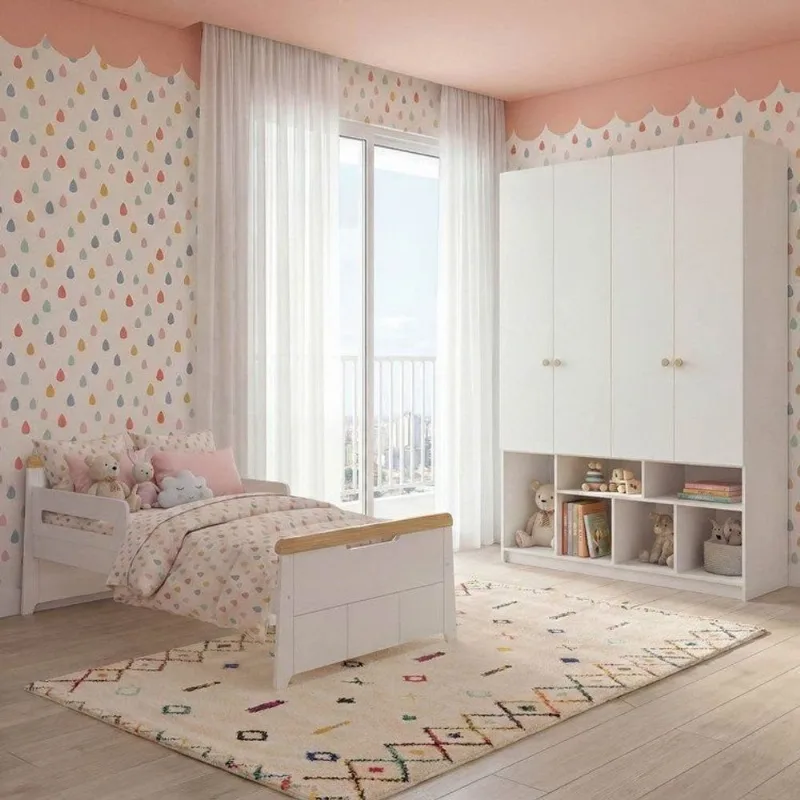 Quarto Infantil Cama com Grades Petit e Guarda Roupa Curió 4 Portas Casatema Branc Branco