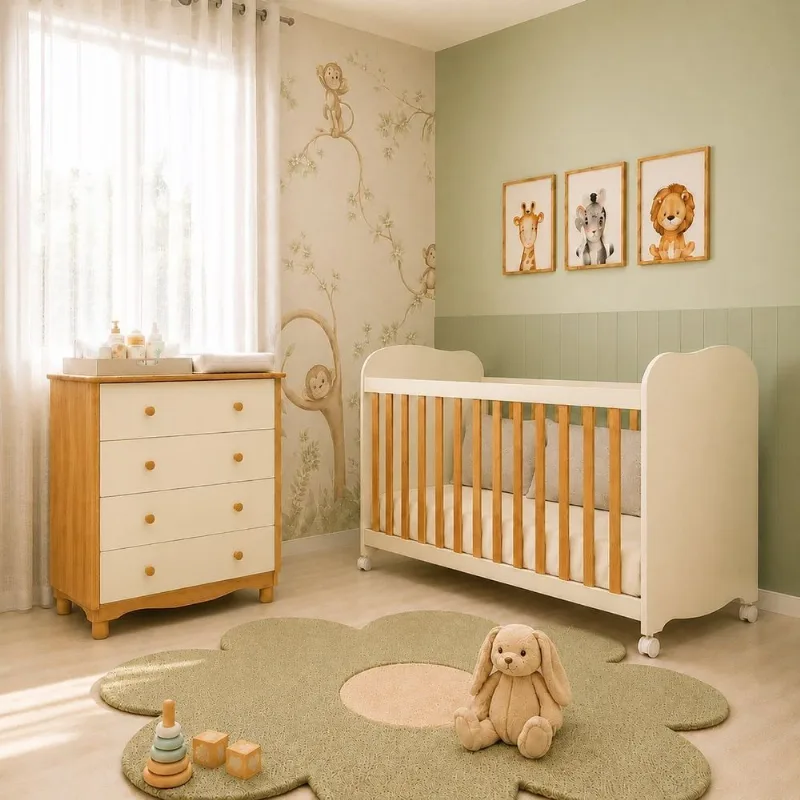 Quarto de Bebê com Cômoda e Berço com Rodizio Mimo 100% MDF Bege/Off-White/Amêndoa Espresso Móv Off White/Amêndoa
