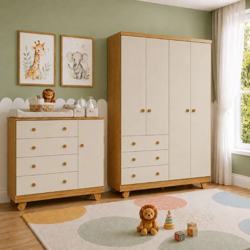 Quarto de Bebê Guarda-Roupa 4 Portas e Cômoda 4 Gavetas Levy 100% MDF Branco/Amêndoa Espresso Móveis Amêndoa/Branco Brilho