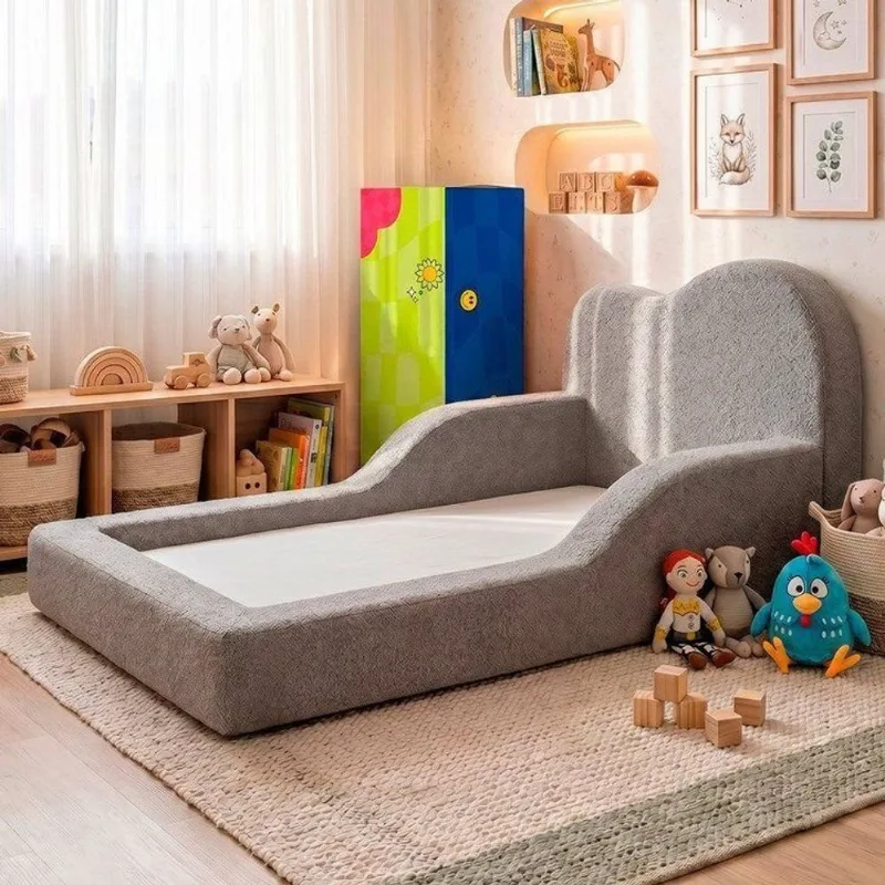 Cama Montessoriana Solteiro Cloud 118x220cm Xpand Tech Bouclê Cama Inbox Cinza Claro