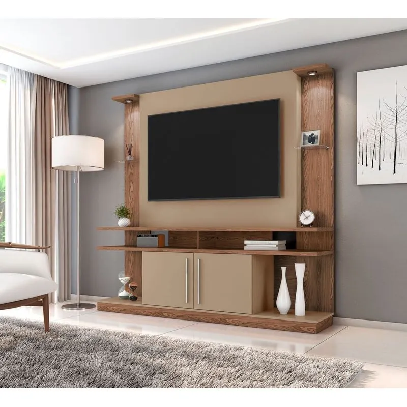 Estante Home Para TV Até 60 Polegadas 182,8cmx180cm Com LED E Prateleiras De Vidro York Marrom Freijó/Fendi
