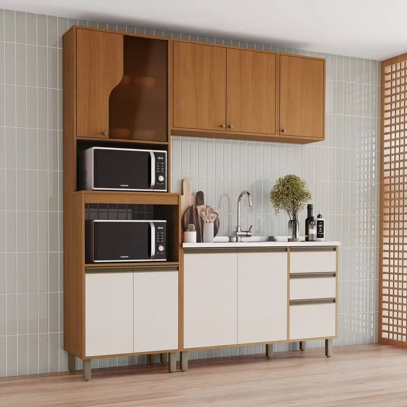Cozinha Modulada Compacta 4 Peças Com Torre Quente 2 Fornos Venaly Cinamomo/Off White
