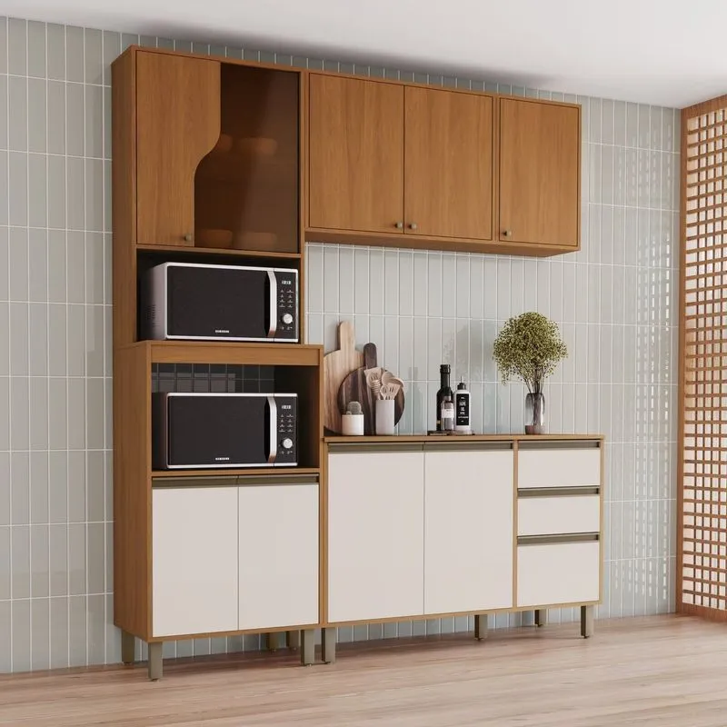 Cozinha Modulada Compacta 4 Peças Com Torre Quente 2 Fornos Venaly Cinamomo/Off White