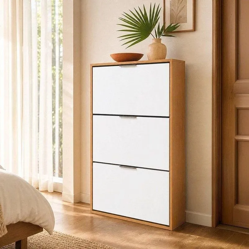 Sapateira Vertical 3 Portas Organizadoras Armário Multiuso Sala Quarto Hall Entrada Cinamomo/Branco Cinamomo/Off White