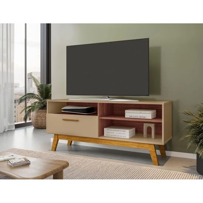 Rack Retro Para TV Ate 55 Polegadas 136cm Pes Em Madeira Macica Paladio Bege Fendi/freijo