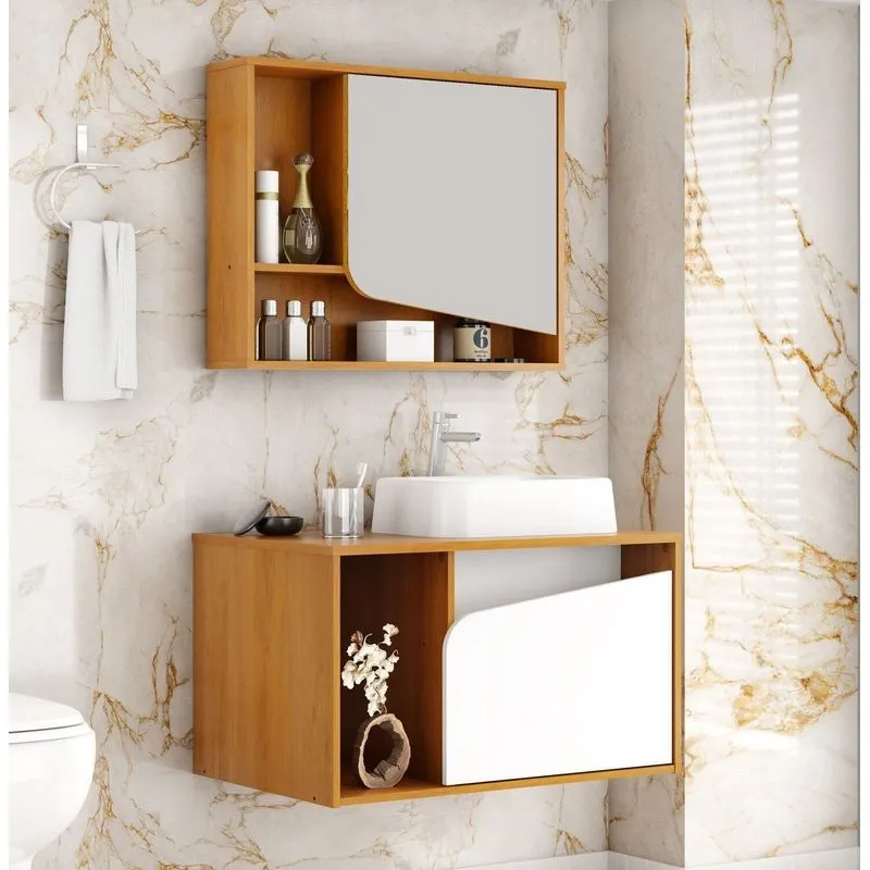 Gabinete Banheiro Delta 1 Porta Cuba E Armario Espelheira Naturalle/Branco
