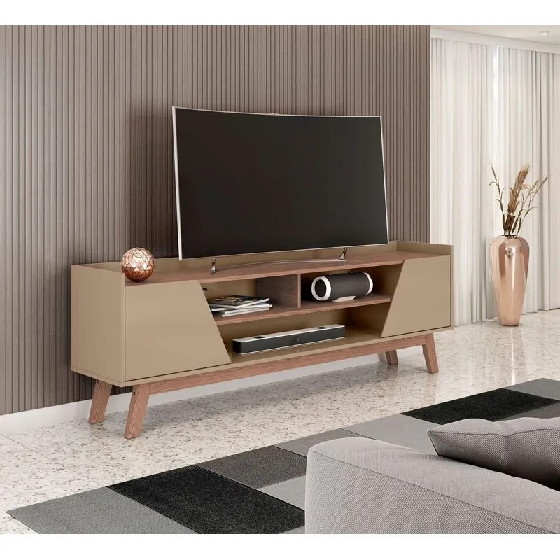 Rack Para TV Até 65 Polegadas MDF 160cm Pés em Madeira Maciça Turim 2 Portas 1 Prateleira Branco Fendi/Freijó
