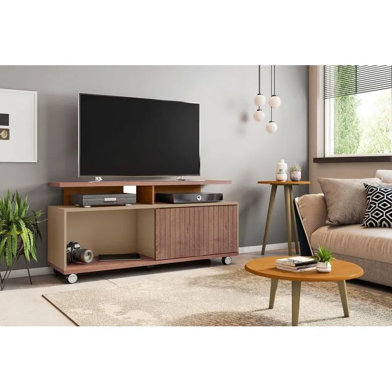 Rack Para TV Até 52 Polegadas 136cm 5 Rodízios Topázio Branco Fendi/Freijó