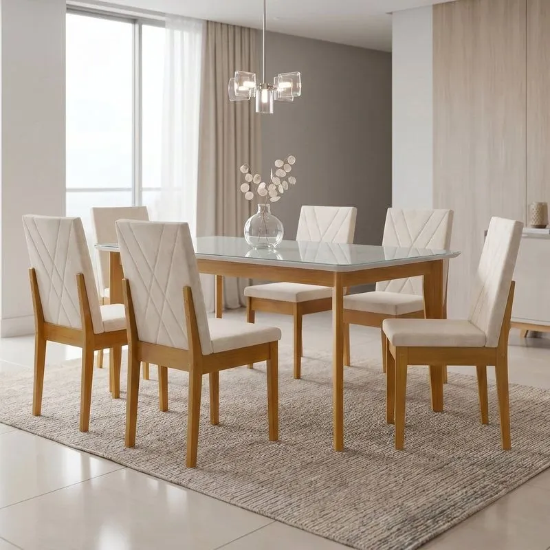 Conjunto Sala De Jantar Siera 6 Lugares Vidro Retangular Madeira Maciça Dakota Bordada Cerejeira/boucle Aura A43 Nevoa