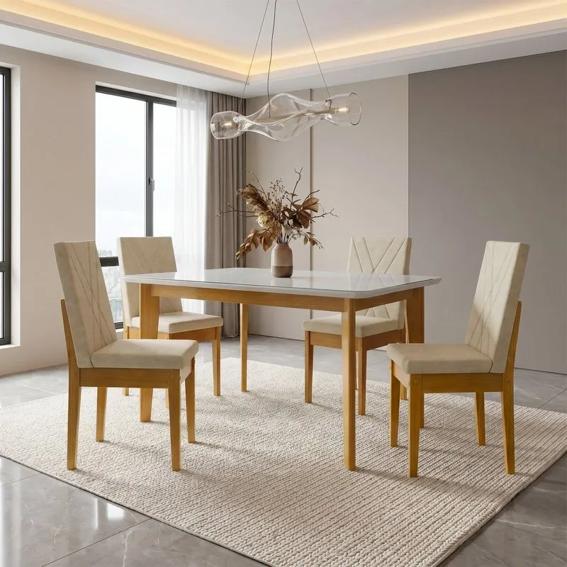Conjunto Sala De Jantar Siera 4 Lugares Vidro Retangular Madeira Maciça Dakota Cerejeira/a40 Palha