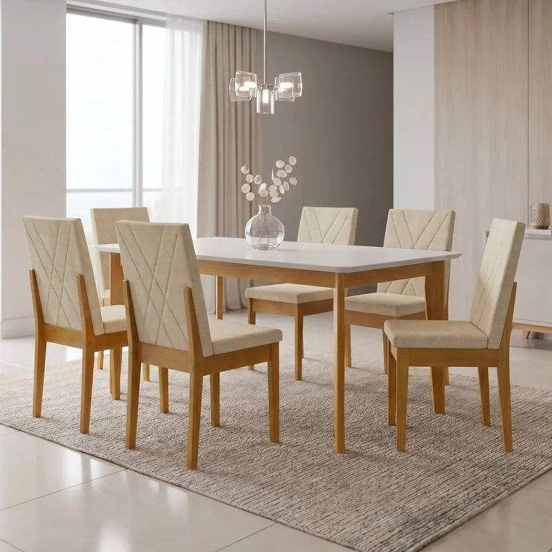 Conjunto Sala De Jantar Siera 6 Lugares Sem Vidro Retangular Madeira Maciça Dakota Bordada Cerejeira/linho Aura A40 Palha