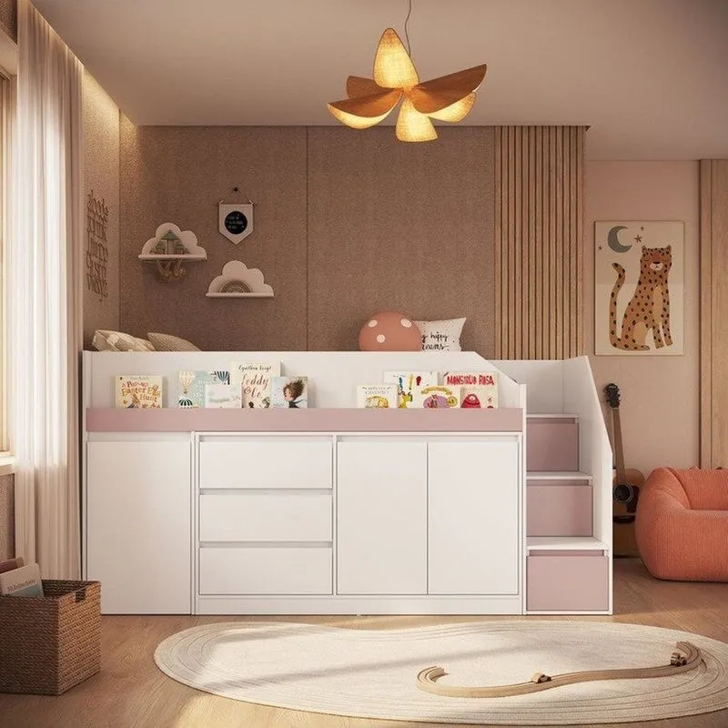 Cama Infanto Juvenil Estação De Trabalho Com Balcão Cor Branco Com Rosa Milkshake Branco/rosa Milkshake