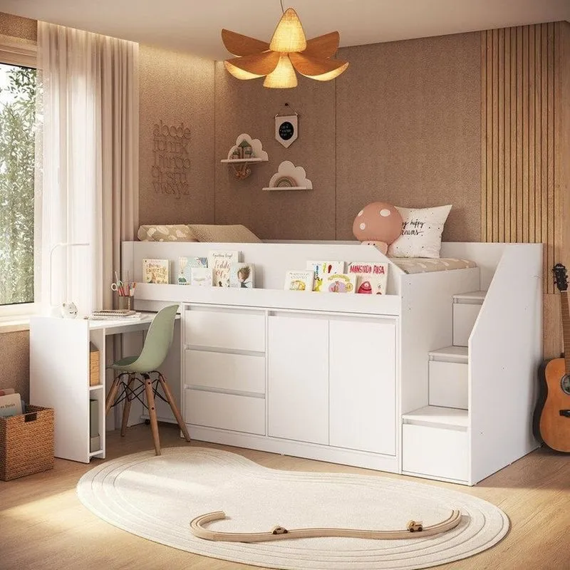 Cama Infanto Juvenil Estação De Trabalho Com Balcão Cor Branco Branco