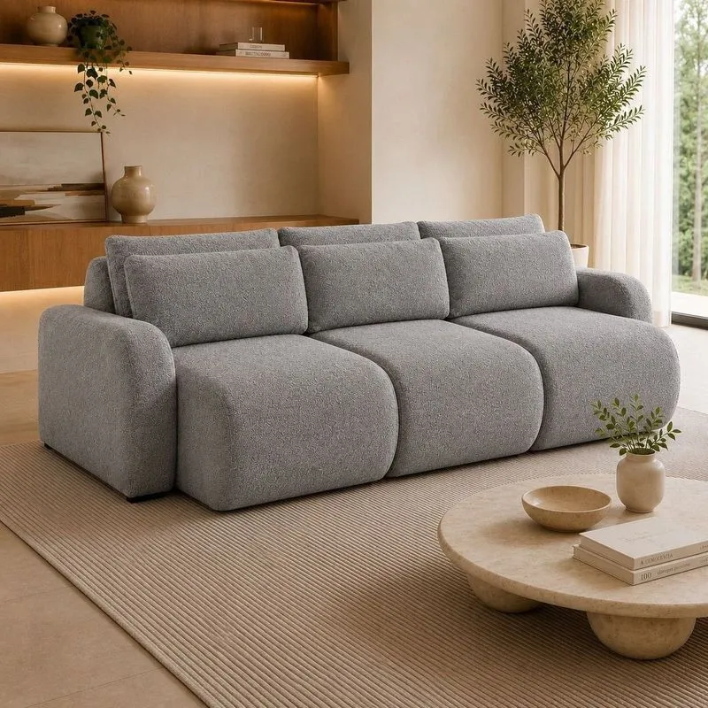 Sofá Retrátil 6 Lugares Bouclê Apolo 300cm Cinza