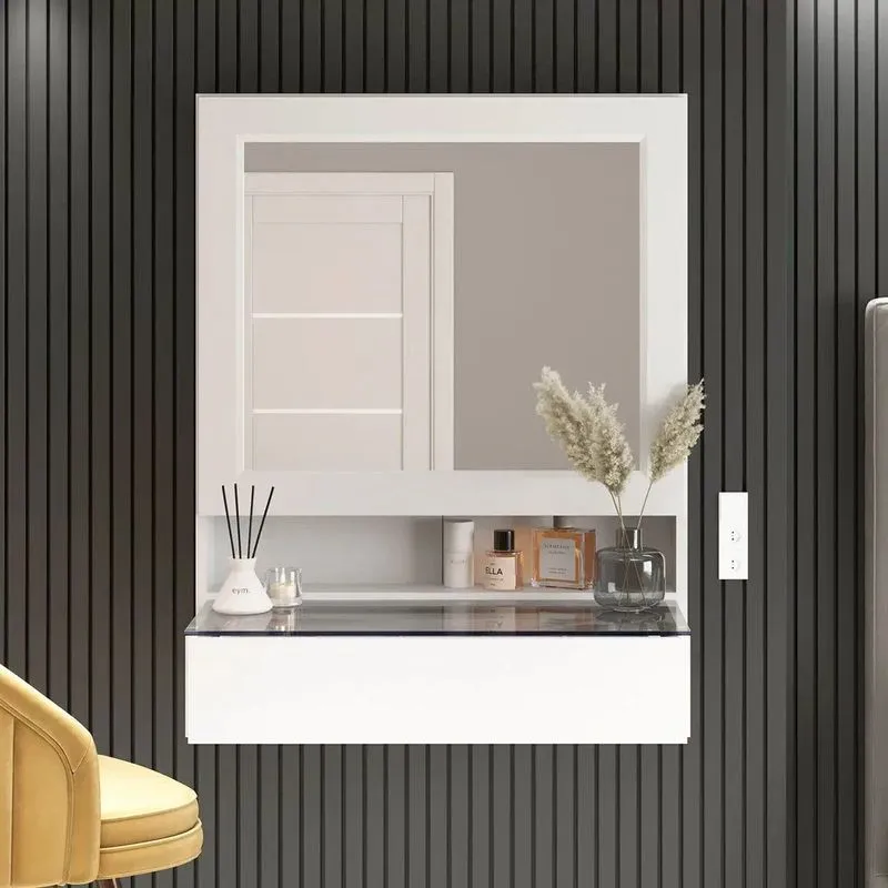 Penteadeira Suspensa Com Espelho E Gaveta Porta Joias Design Moderno Para Quarto Multifuncional Branco