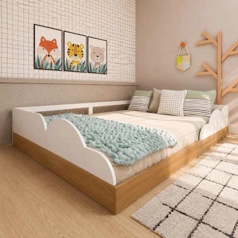 Cama Infantil Montessoriana Casal Fluffy Carvalho Mel/Branco