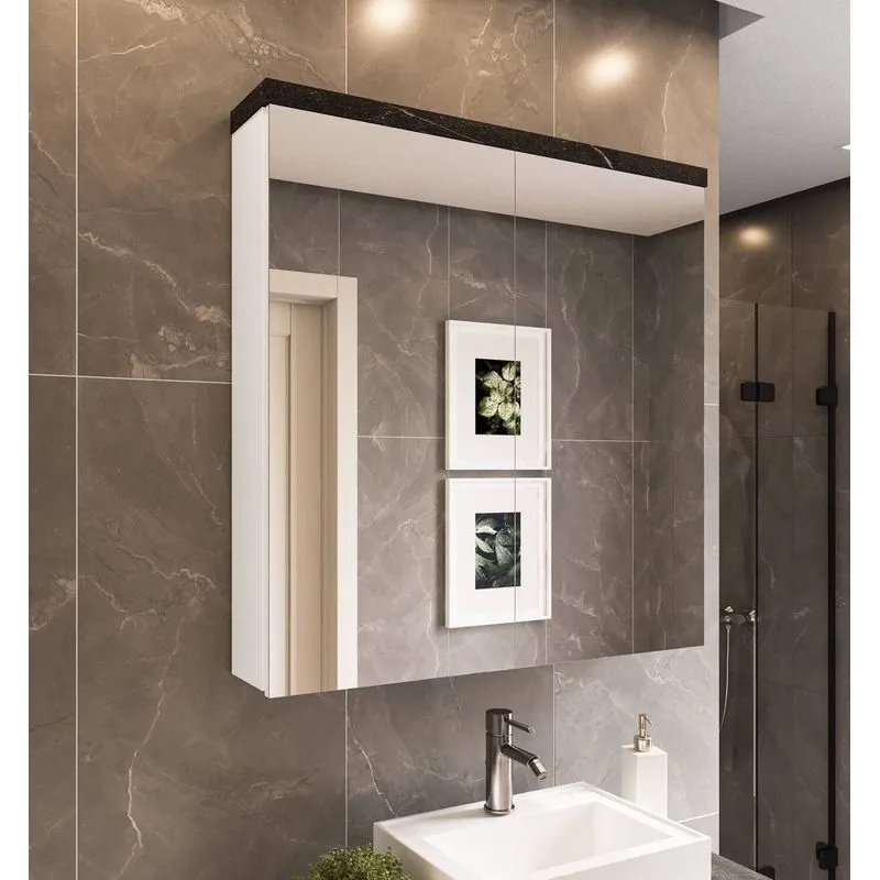 Armário De Banheiro 80cm 02 Portas Com Espelho - Branco/Portoro Branco/Portoro