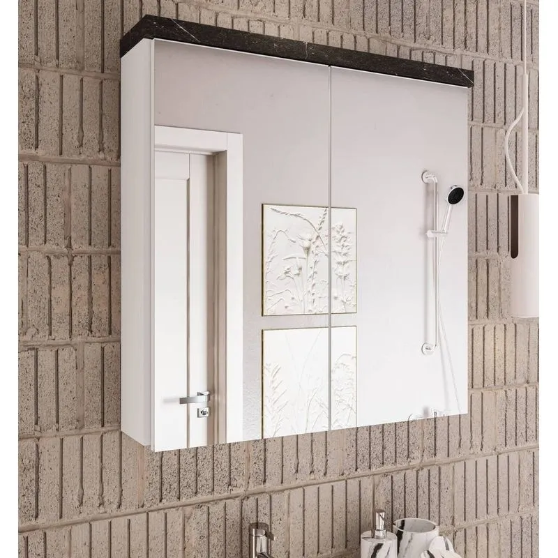 Armário De Banheiro 70cm 02 Portas Com Espelho - Branco/Portoro Branco/Portoro