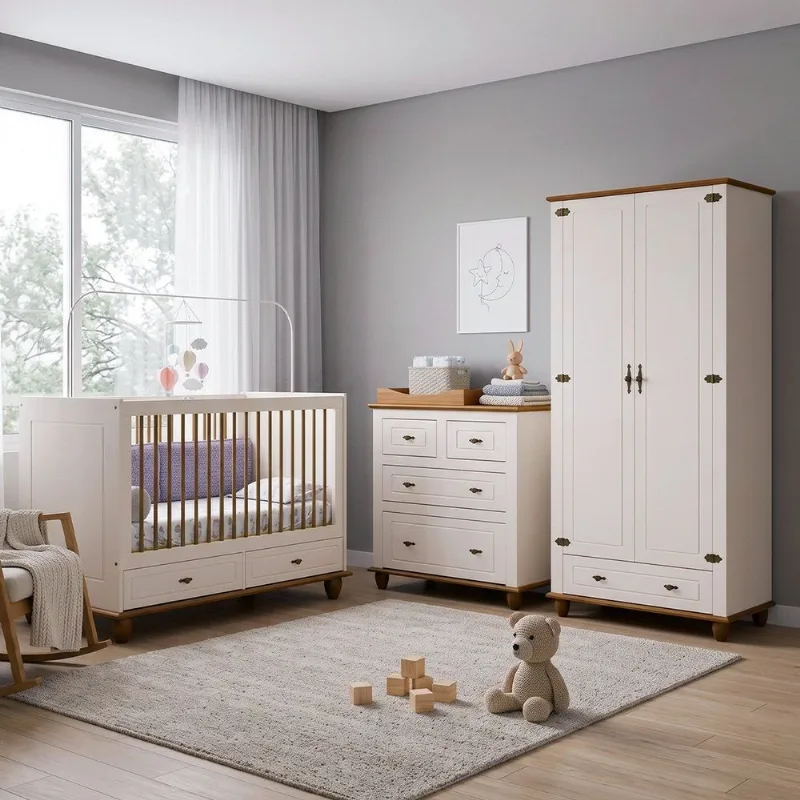 Quarto de Bebê Joy 3 Peças: Berço + Cômoda + Roupeiro 2P Off White/Nogueira Off White/Nogueira