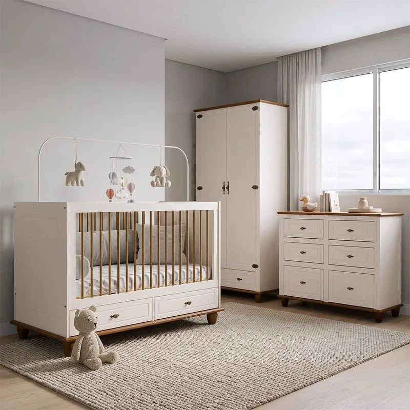 Quarto De Bebê Joy 3 Peças: Berço + Cômoda + Roupeiro 2p Off White/Nogueira