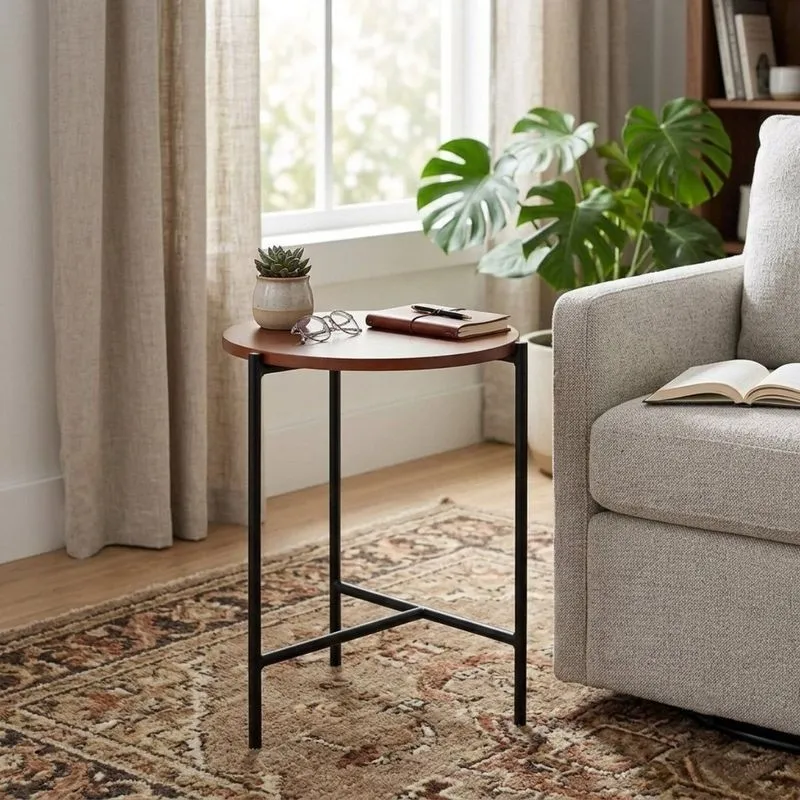Mesinha Lateral Lyra Em Madeira Maciça E Aço Preto Para Sala E Quarto Preto / Nozes