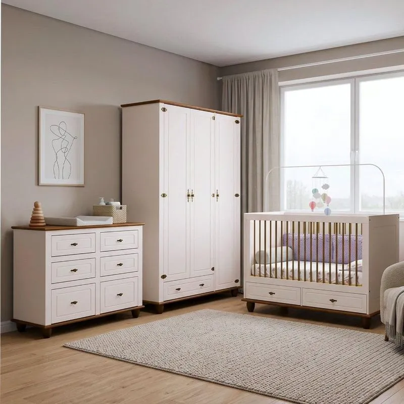 Quarto De Bebê Joy 3 Peças: Berço + Cômoda 6g + Roupeiro 3p Off White/nogueira