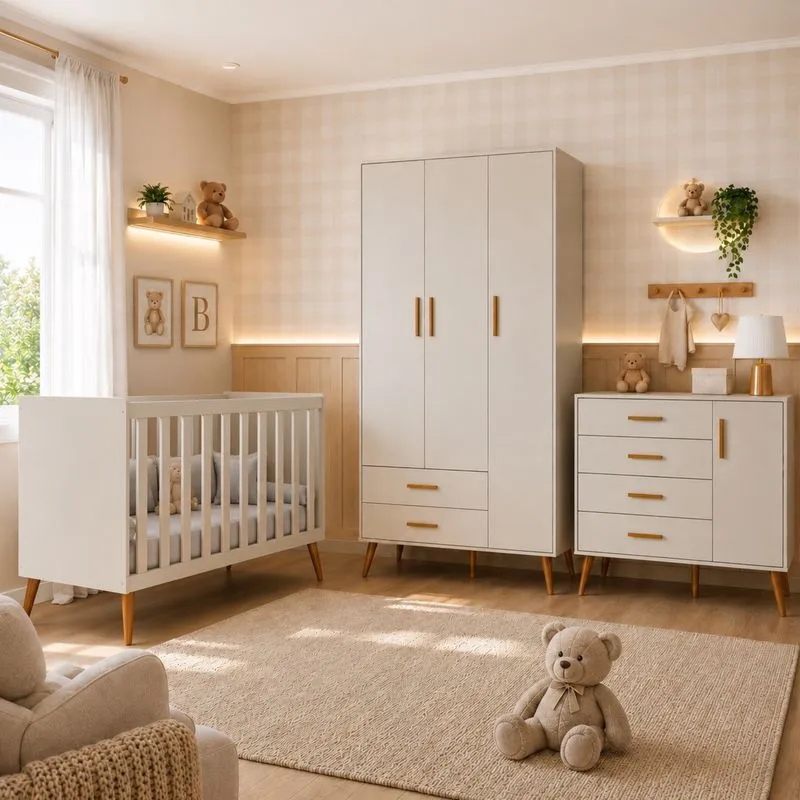 Quarto Completo Isis Para Bebê Berço 2 Em 1 Guarda-roupa 3 Portas Cômoda Sapateira 100% Mdf Areia