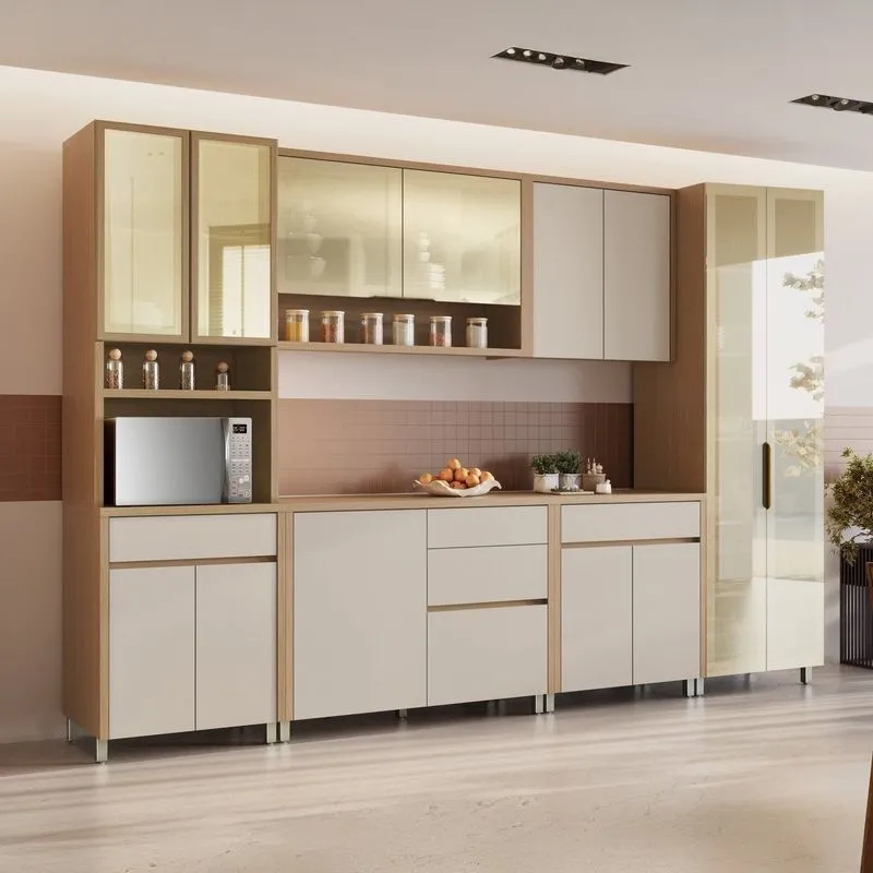 Cozinha 6 Peças 13 Portas Cristaleira Condessa Torre Quente 100% MDF Carvalho Greige