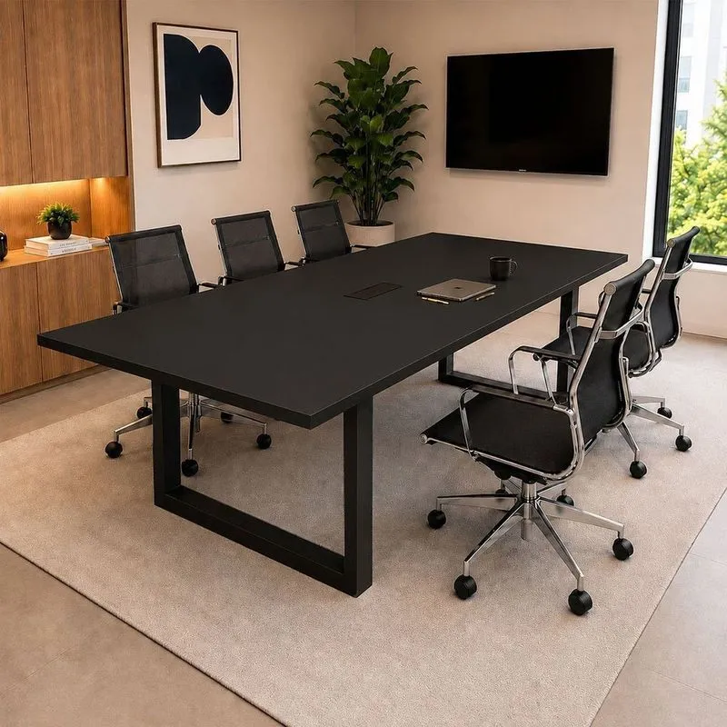 Mesa Reunião Escritório 180x90cm Com Caixa De Tomadas Pés Metal Industrial Executive Preto