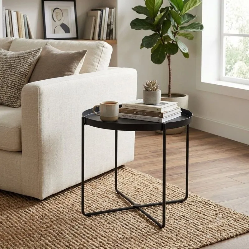 Mesa Lateral North Redonda 50cm Em Metal Para Sala De Estar Preto