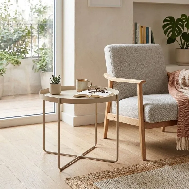 Mesa Lateral North Aço Carbono Ø 50 X 40cm Estilo Contemporâneo Areia