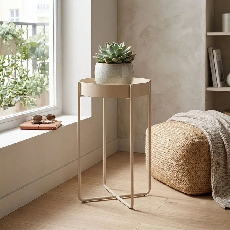 Mesa Lateral North Bandeja Em Aço Design Minimalista Areia