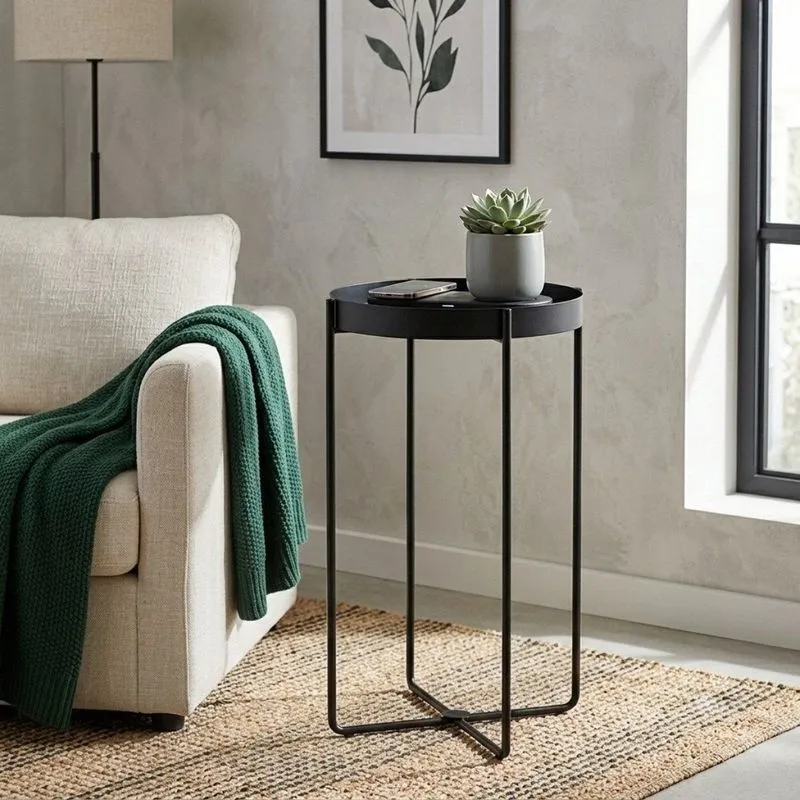 Mesa Lateral North Design Clean Em Aço Preto Premium Redonda 30x60cm Preto
