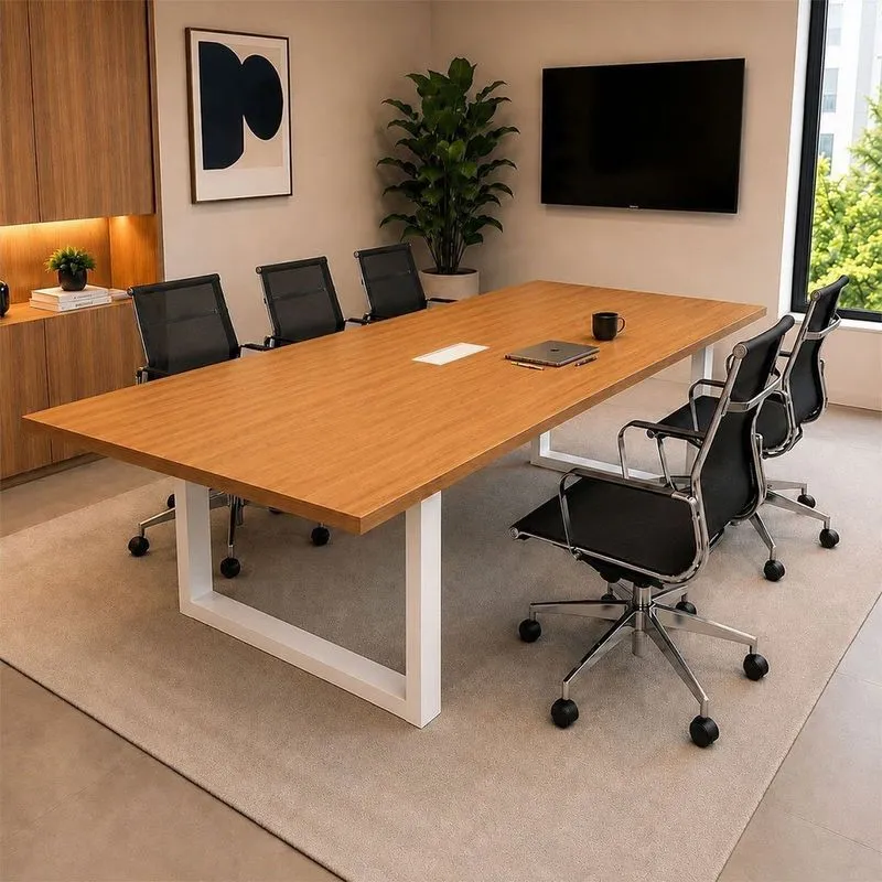 Mesa Reunião Industrial 200cmx90cm Com 1 Caixa de Tomadas Pés Metal Corporate Freijó/Branco