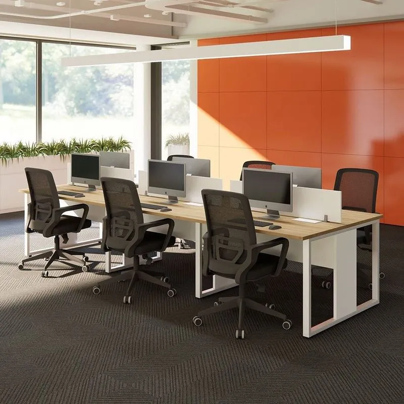 Mesa Escritório Plataforma 6 Lugares 3,60m Com Caixas De Tomadas Industrial Executive F5 Macadâmia/branco
