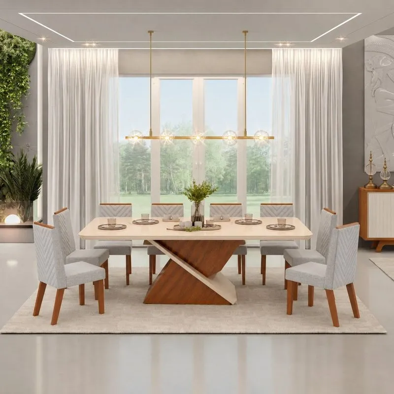 Conjunto Sala De Jantar Mesa Zafira 200x100cm Tampo Chanfrado Curvo E 8 Cadeiras Nara Off White/freijó/neblina