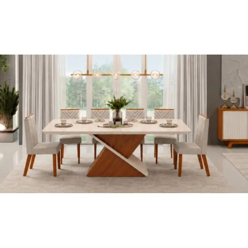 Conjunto Sala De Jantar Mesa Zafira 200x100cm Tampo Chanfrado Curvo E 6 Cadeiras Nara Off White/freijó/neblina