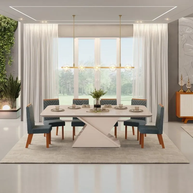 Conjunto Mesa Zafira Tampo Chanfrado Curvo 6 Cadeiras Nara Off White/freijó/granito