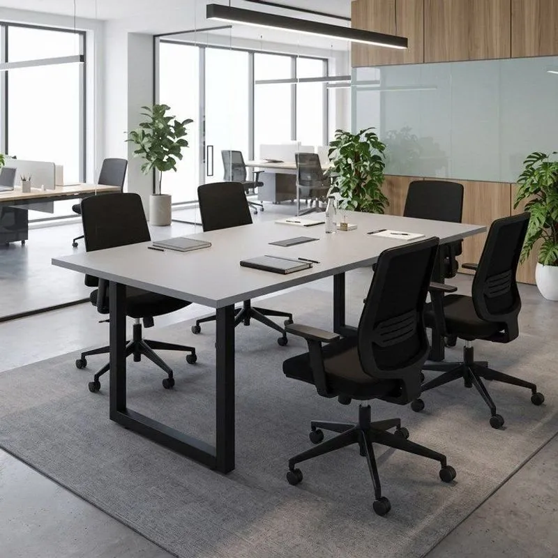 Mesa Reunião Escritório 1,80m X 0,90m Com Caixa De Tomadas Pés Metal Industrial Executive F5 Office Cinza Sagrado/preto