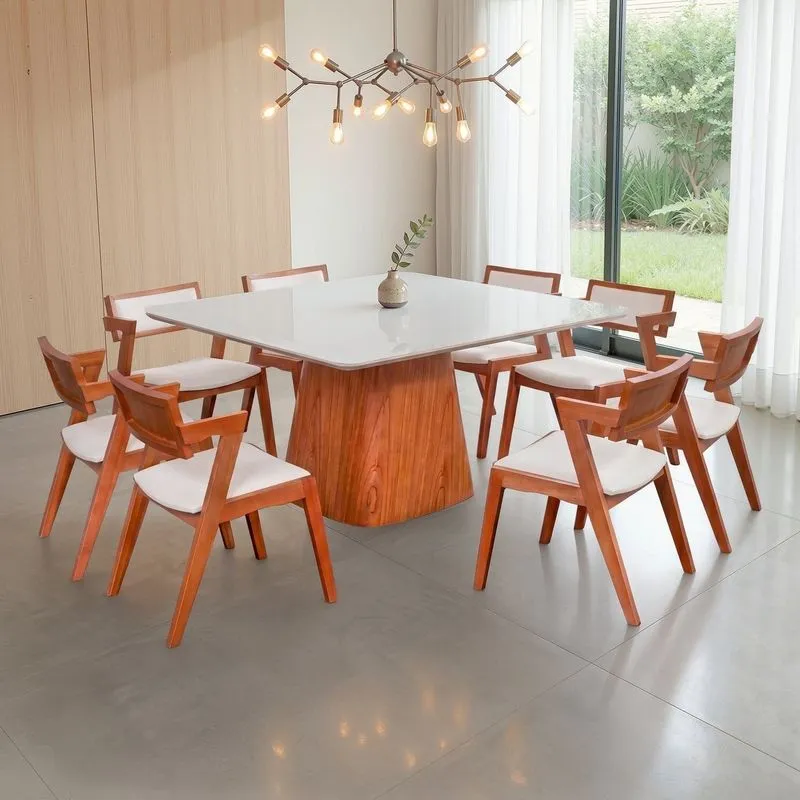 Conjunto Mesa Bérgamo E 8 Cadeiras Madeira Maciça E Estofada Ímola Off White Champagnhe/Off White