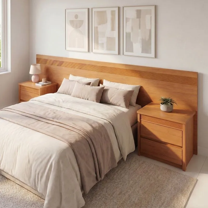 Painel Cabeceira Frisado Casal/Queen Com Led E 2 Mesas De Cabeceira 109x270cm Rubi