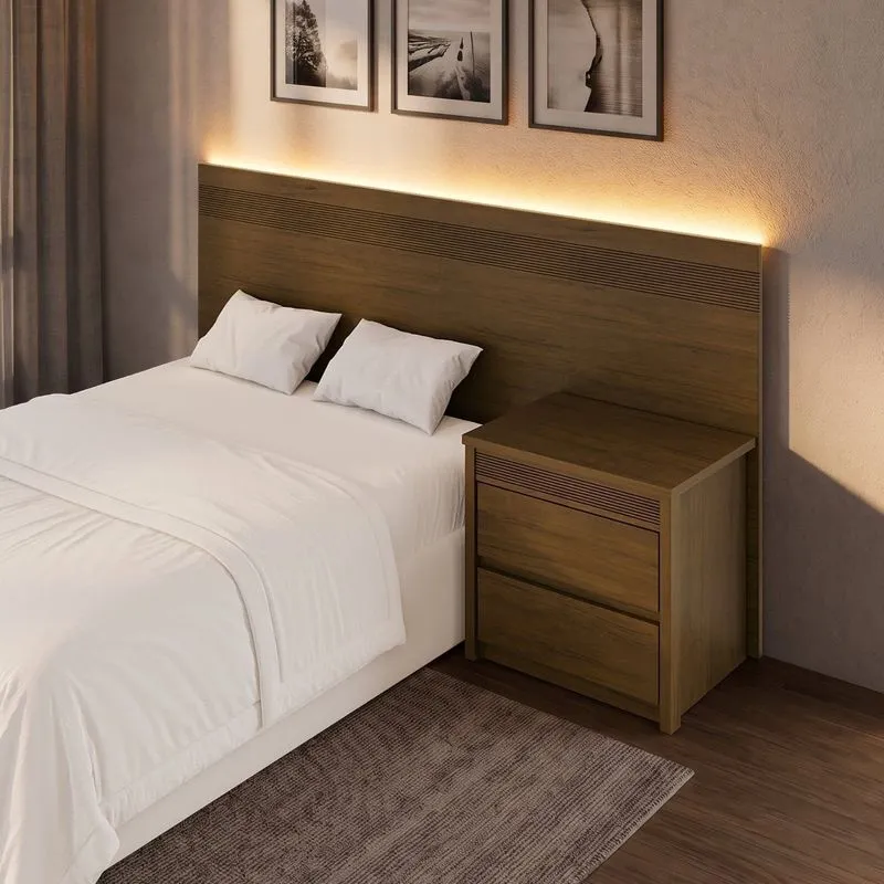 Painel Cabeceira Frisado Casal Com Led E Mesa De Cabeceira 109x180cm Âmbar