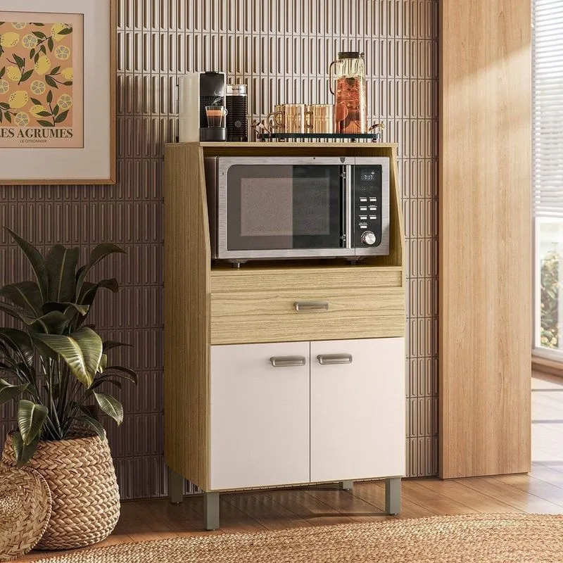 Balcão Para Forno E Micro-ondas Em Mdf Com 1 Gaveta E 2 Portas Amendoa