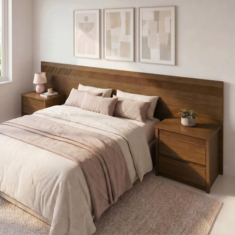 Painel Cabeceira Frisado Casal/Queen Com Led E 2 Mesas De Cabeceira 109x270cm Âmbar