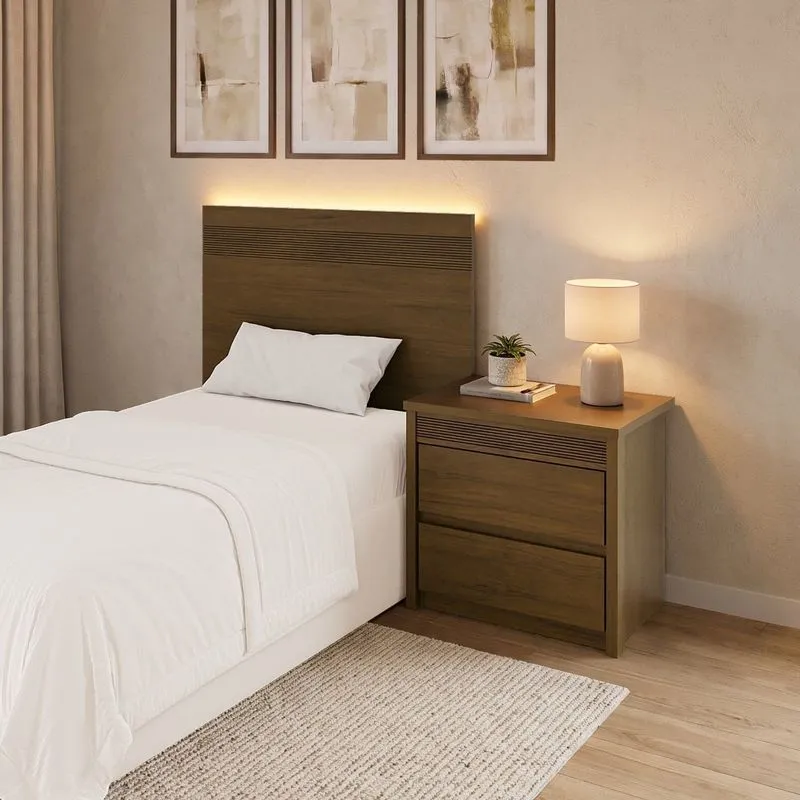 Painel Cabeceira Frisado Solteiro Com Led E Mesa De Cabeceira 109x90cm Polidoro Âmbar